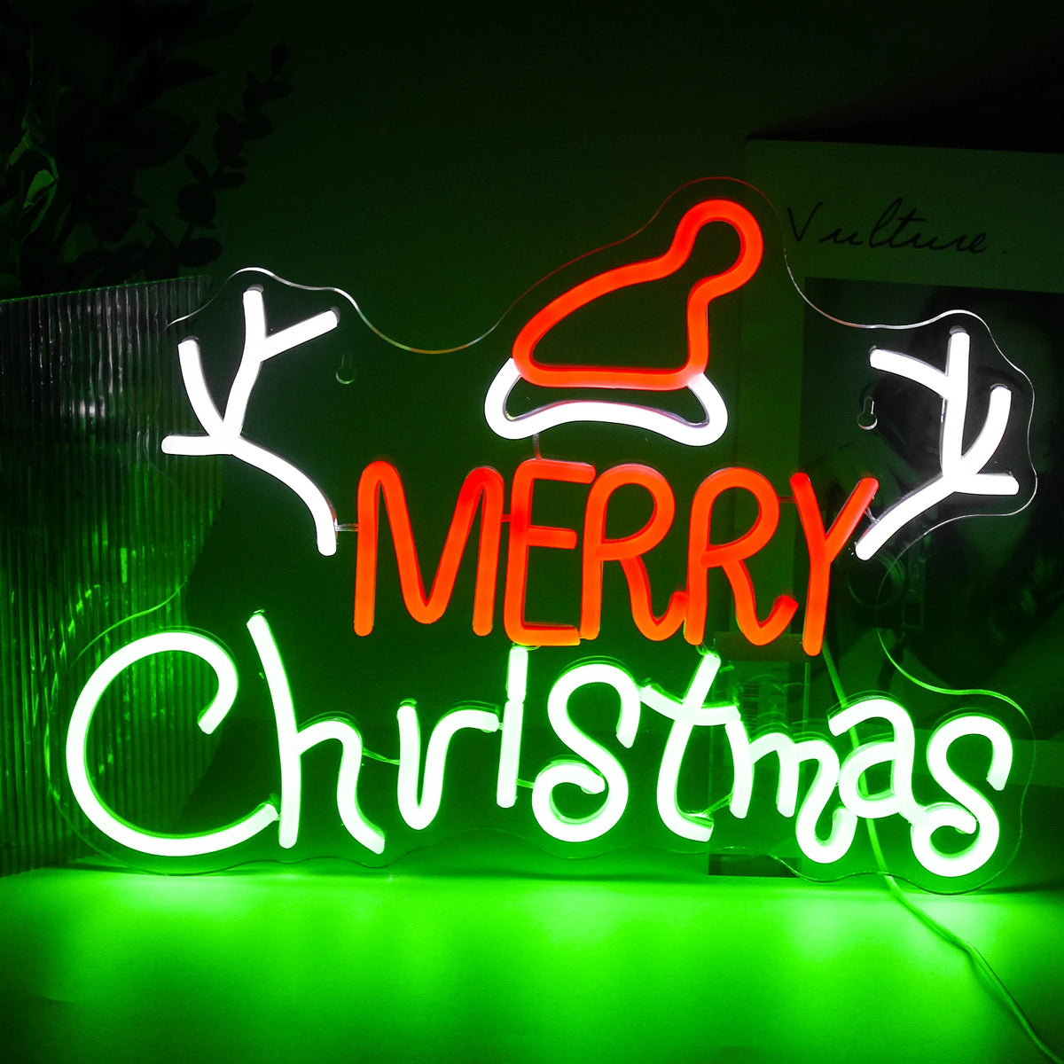 Merry Christmas Antlers LED Neon Sign (Switched, 42cm x 27cm)